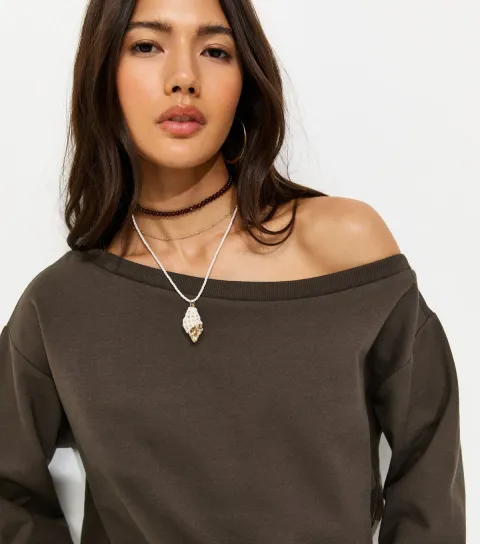 Women's Dark Brown Jersey Off Shoulder Sweatshirt