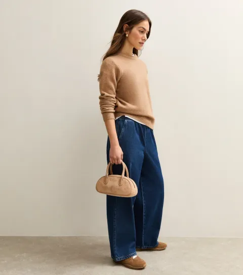Women's Petite Dark Blue Pull On Wide Leg Jeans