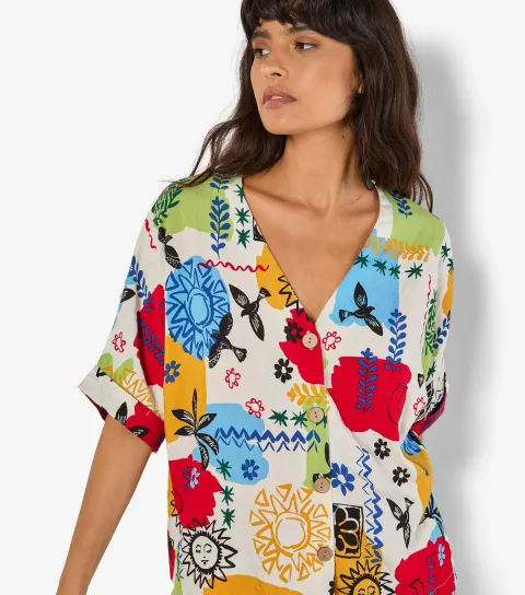 Women's Multicoloured Sun Print Button Through Blouse