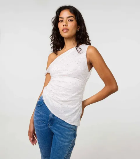 Women's Off White Diamante Lace Off Top