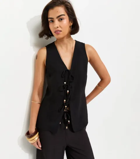 New Look Women's Off White Textured Beaded Tie Waistcoat