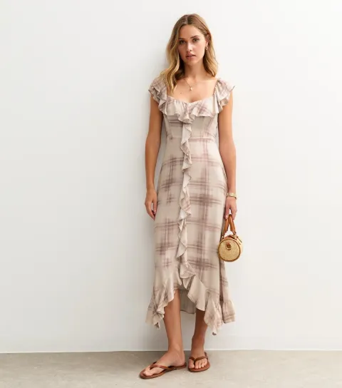 New Look Women's Cream Checked Ruffle Trim Midi Dress