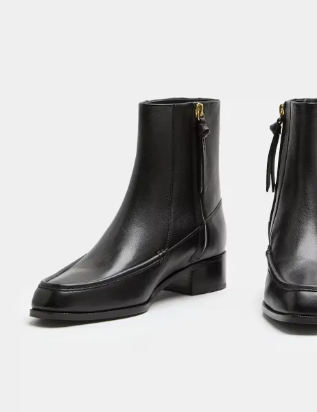 Leather Block Heel Ankle Boots Black