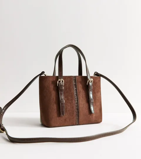 Dark Brown Faux Leather and Suede Buckle Strap Crossbody Bag