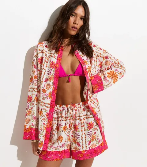 Women's White Floral Print Oversized Woven Beach Shirt