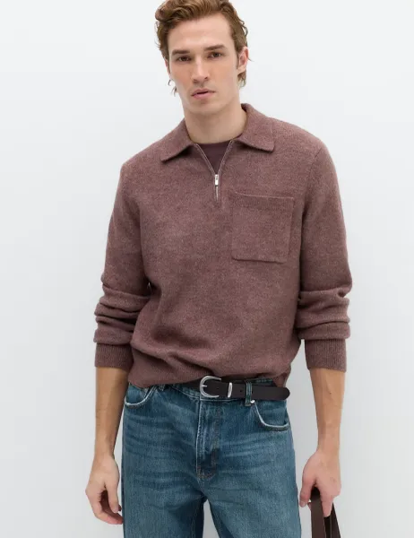 Marks & Spencer Supersoft Quarter Zip Knitted Polo Shirt Rosewood
