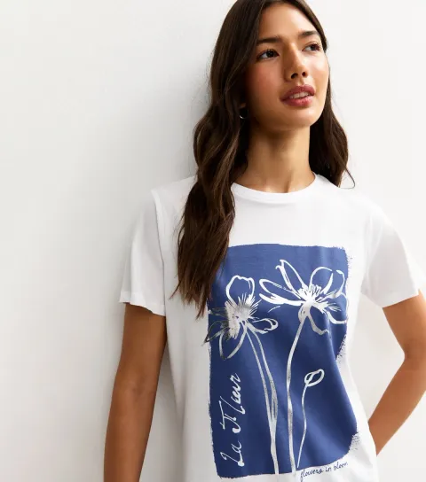 Women's White Foiled Flower Print T-Shirt