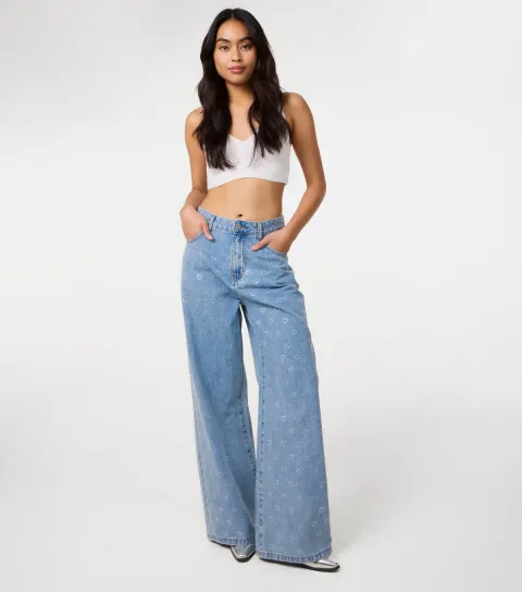 Women's Blue Denim Heart Embellished Jeans