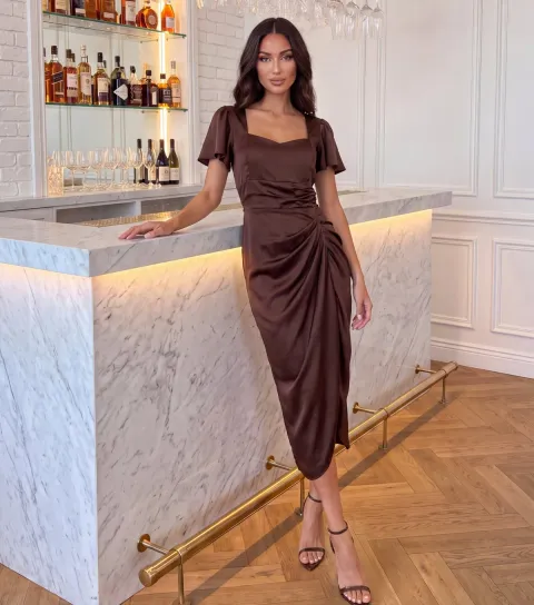 AX Paris Women's Dark Brown Satin Ruched Midi Dress