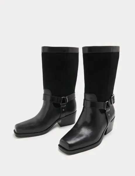 Marks & Spencer Leather Biker Buckle Block Heel Mid Calf Boots Black