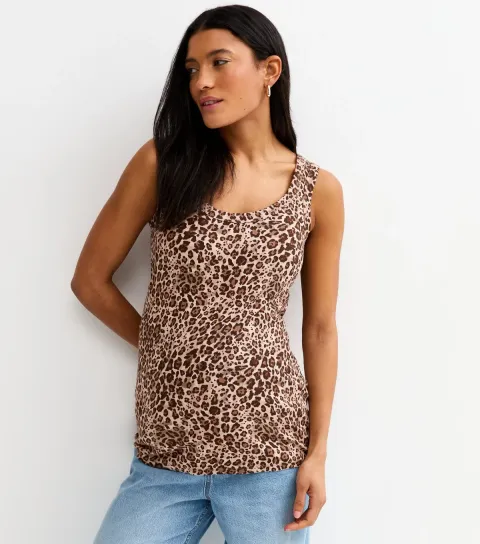 Women's Maternity Brown Leopard Print Scoop Neck Tank Top