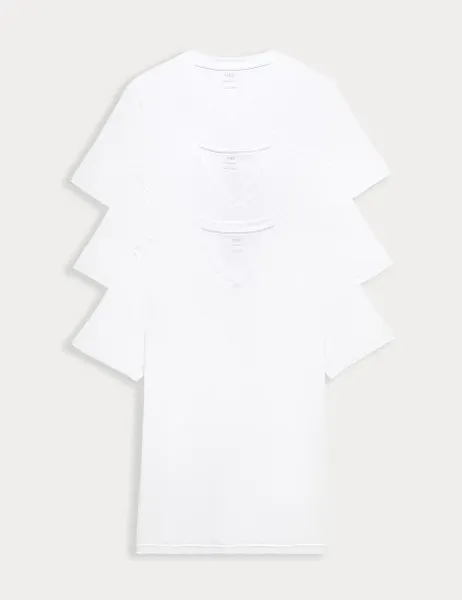 Marks & Spencer 3 Pack Pure Cotton V-Neck T-Shirts White
