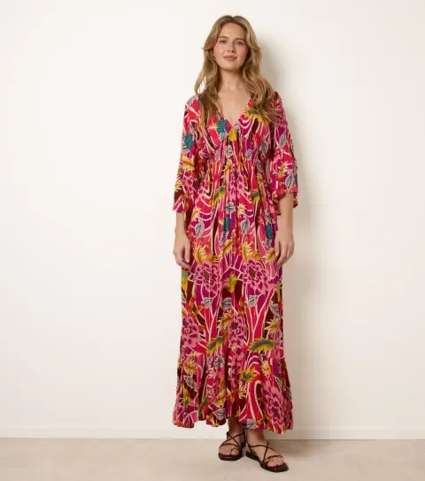 Women's Pink V-Neck Floral Print Maxi Dress