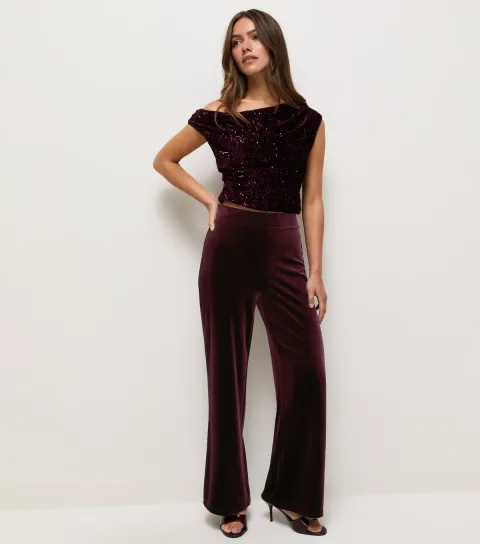 New Look Women's Petite Dark Burgundy Velvet Wide Leg Trousers