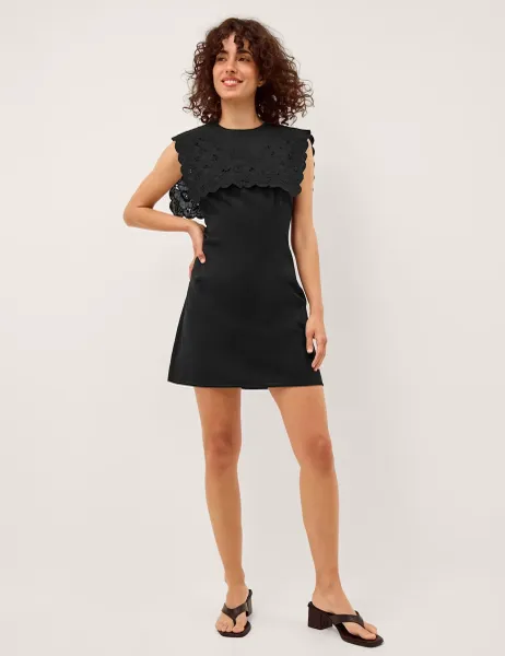 Monsoon Cotton Rich Embroidered Mini Shift Dress Black