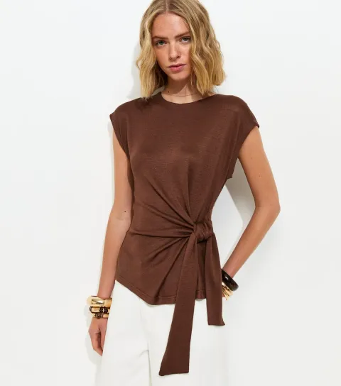 New Look Women's Brown Soft Touch Slubby Tie Front Top