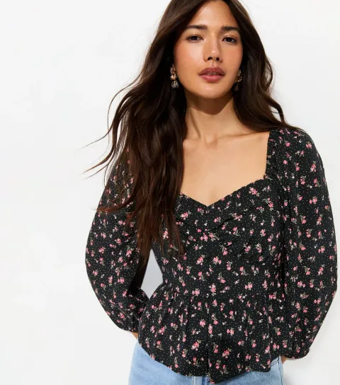 Women's Black Ditsy Floral Cropped Sleeve Milkmaid Top