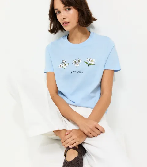 Women's Light Blue Cotton Flower Print T-Shirt