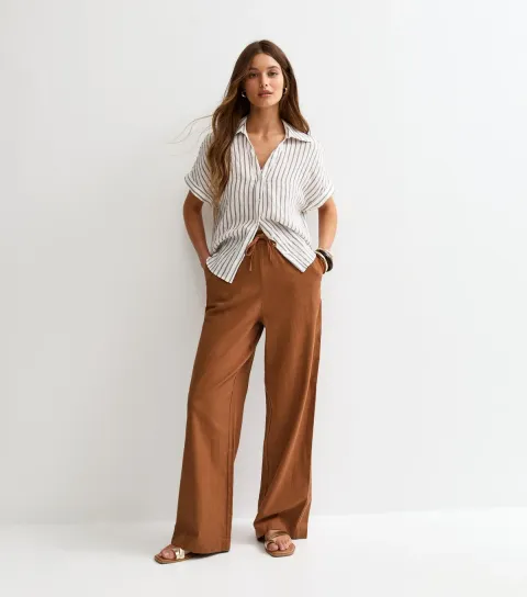 Women's Rust Linen Blend Wide Leg Trousers