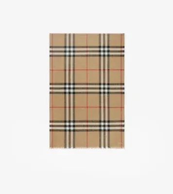 Wide Check Wool Silk Scarf in Archive beige