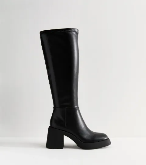 Women's Black Faux Leather Block Heel Knee High Boots Vegan