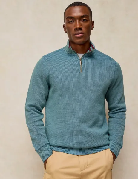 White Stuff Pure Cotton Half Zip Funnel Neck Jumper Teal