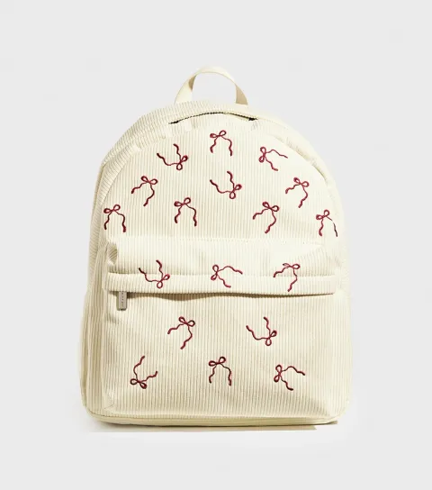 Cream Bow Embroidered Corduroy Backpack
