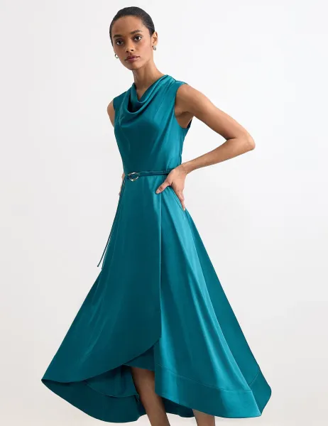 Phase Eight Cowl Neck Belted Midi Waisted Dress Teal