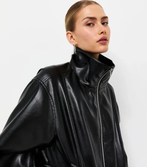 Women's Black Faux Leather Buckle Hem Funnel Neck Jacket