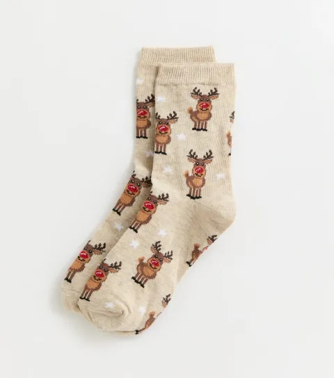 New Look Oatmeal Christmas Reindeer Pattern Ankle Socks