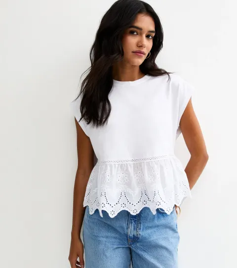 Women's White Broderie Anglaise Hem T-Shirt