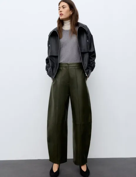 Autograph Leather Seam Detail Barrel Leg Cropped Trousers Moss