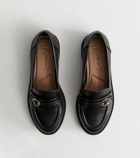 Women's Wide Fit Black Buckled Penny Loafers Vegan