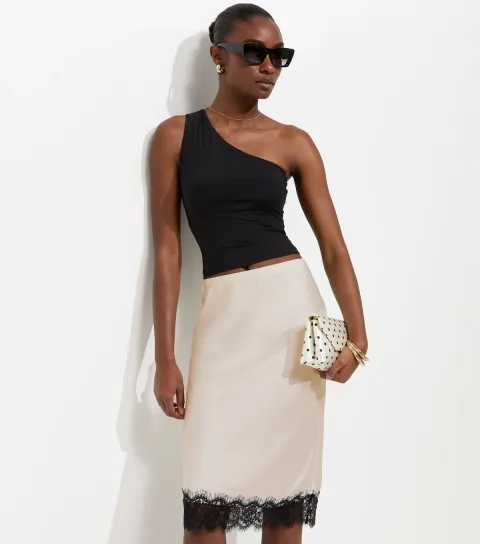 Women's Cream Satin Lace Hem Midi Skirt