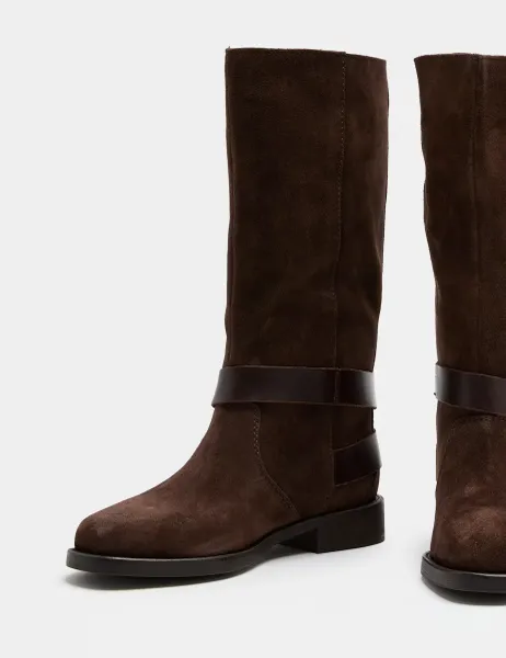 Marks & Spencer Suede Biker Buckle Block Heel Mid Calf Boots Brown