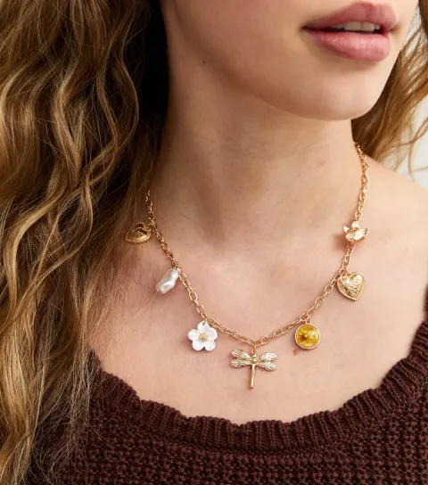 Gold Tone Flower Charm Necklace