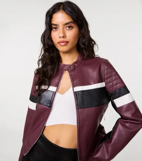 Women's Dark Burgundy Faux Leather Motocross Racing Jacket