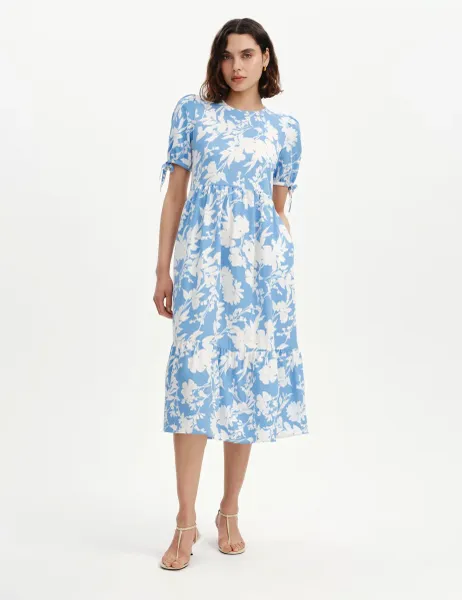 Finery London Floral Puff Sleeve Midi Tiered Dress Blue Mix