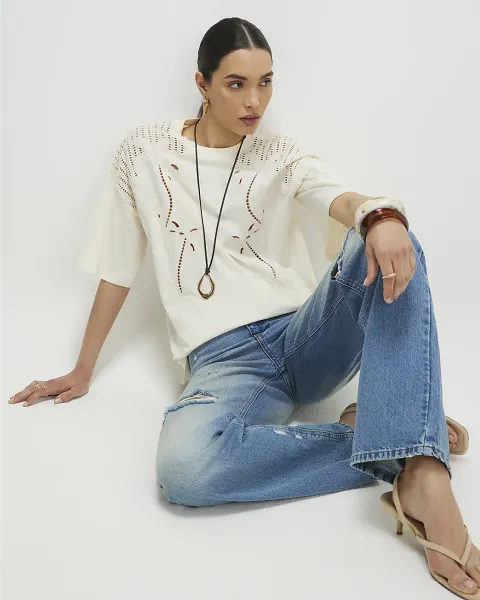 River Island Cotton Palm Broderie T-Shirt