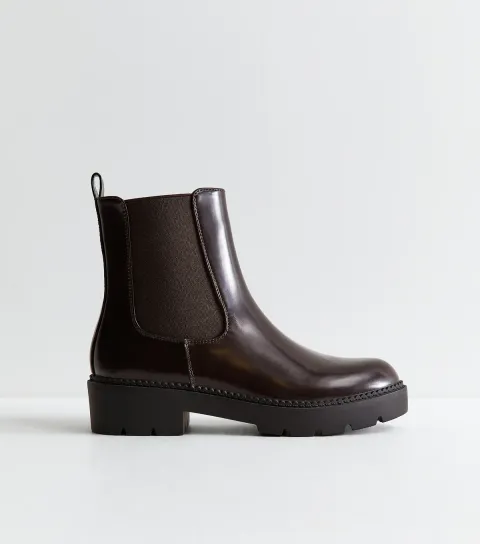 New Look Women's Dark Burgundy Faux Leather Chunky Sole Chelsea Boots Vegan