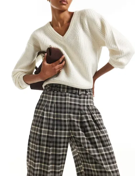 River Island Checked Elasticated Waist Straight Trousers Brown Mix