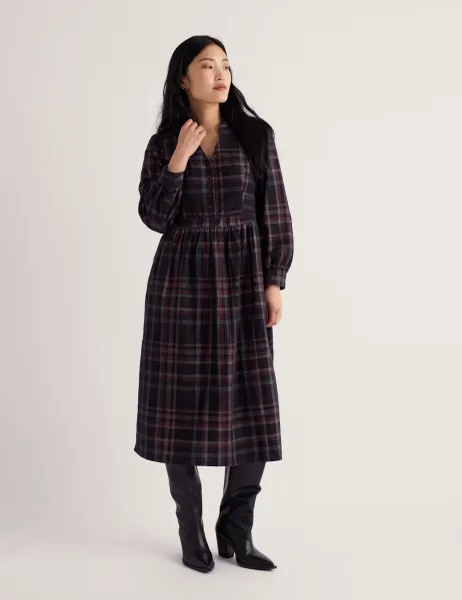 Seasalt Cornwall Pure Cotton Cord Checked Midi Waisted Dress Purple Mix