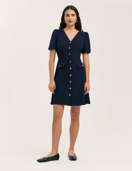 Finery London V-Neck Button Through Tailored Dress Navy