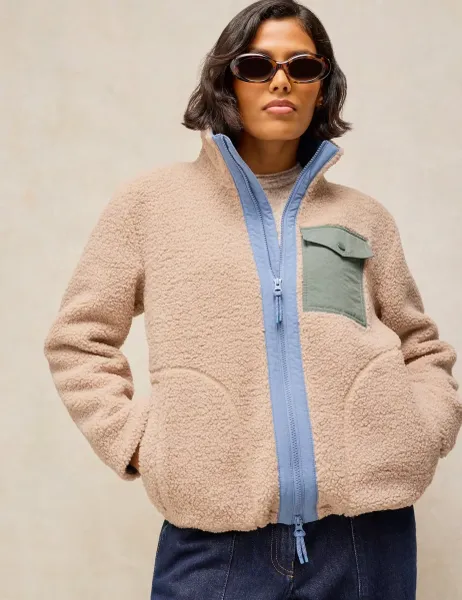White Stuff Borg Fleece Zip Up Sweatshirt Natural Mix