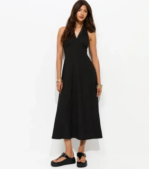 Women's Black Crinkle Texture Halter V Neck Lace Midi Dress