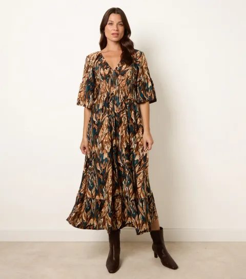 Women's Dark Brown Elasticated Waist V-Neck Midi Dress