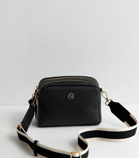 Black Faux Leather Double Pocket Crossbody Bag