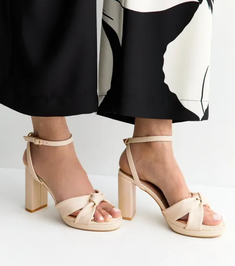Women's Wide Fit Off White Faux Leather Knot Strap Platform Sandals Vegan