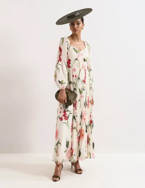 Phase Eight Floral Pleated Sweetheart Neckline Maxi Dress Ivory Mix