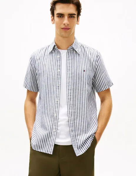 Tommy Hilfiger Regular Fit Linen Blend Striped Shirt Navy Mix